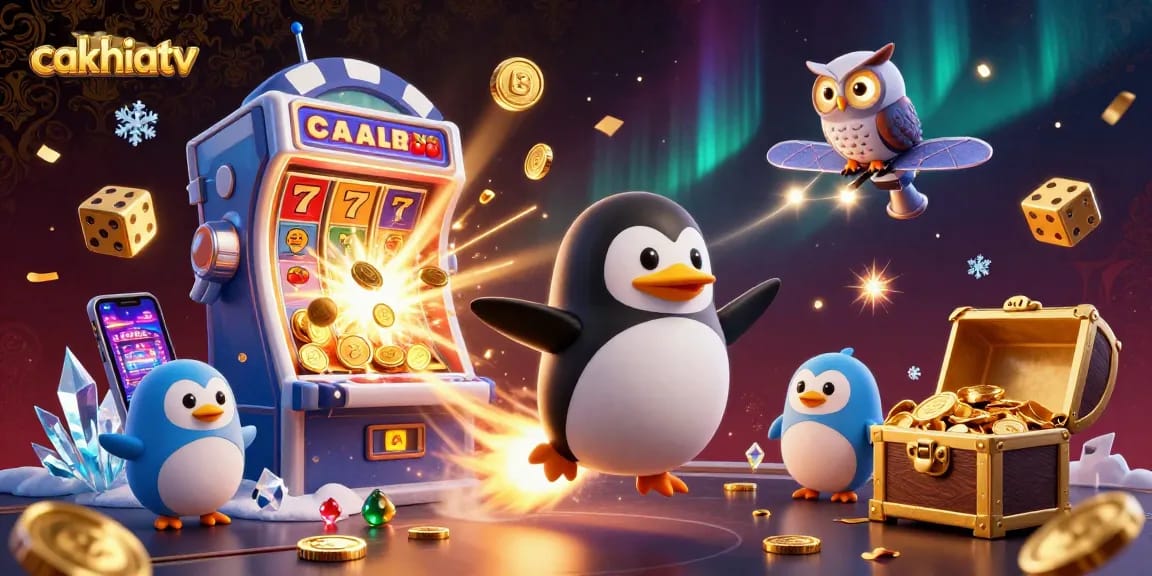 CakhiaTV delivers intense sports betting action, featuring a cartoon penguin, slot machines, and poker chips.
