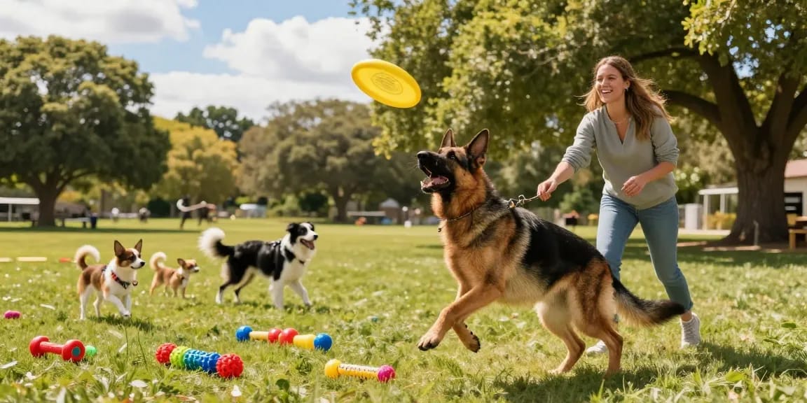 Owner playing fetch with a German Shepherd in a dog park, showcasing the most reactive dog breeds during a joyful moment.