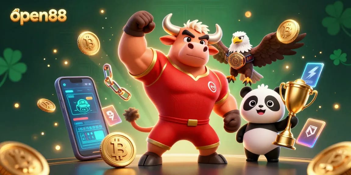 open88 features a victorious bull mascot, eagle, and panda amidst vibrant casino elements.