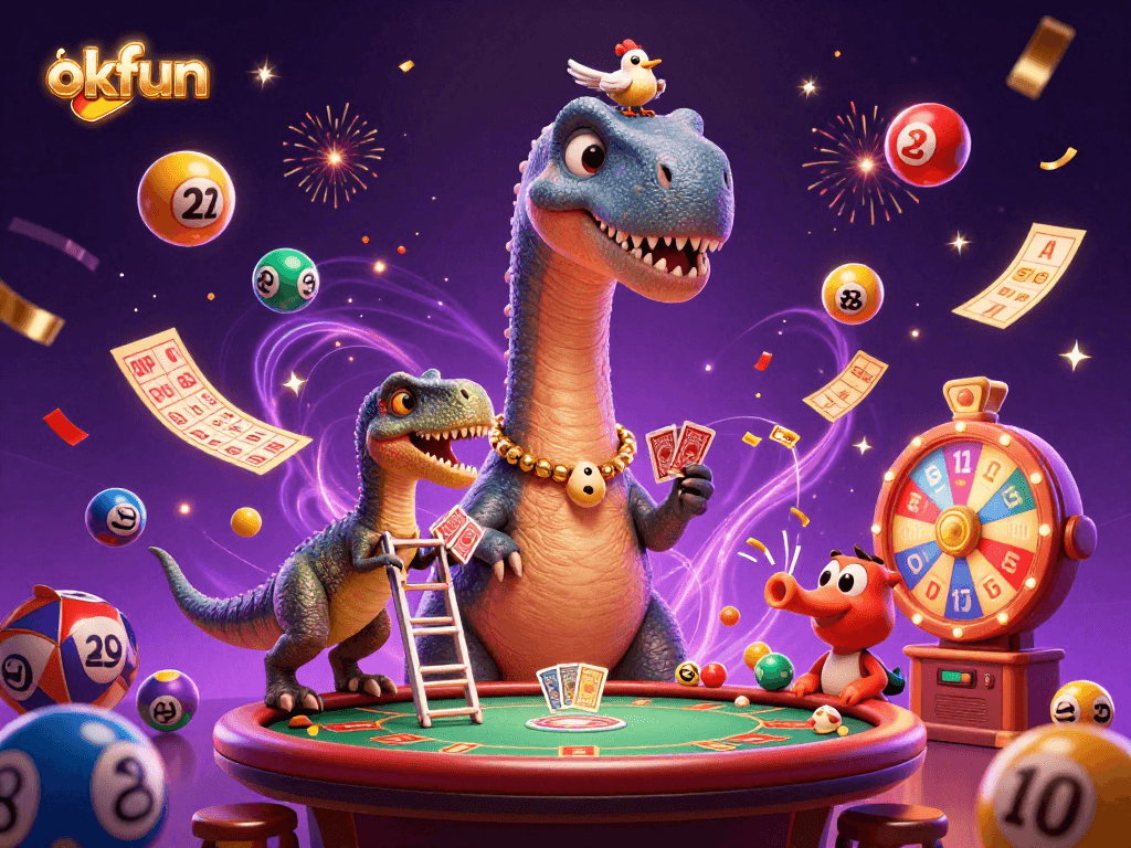Experience thrilling moments at okfun with a joyful brontosaurus amid colorful casino elements.