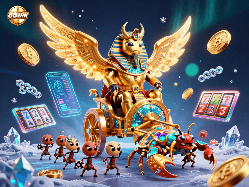 Experience thrilling gaming action with 88WIN's vibrant casino illustration featuring a golden beetle and gem-encrusted elements.