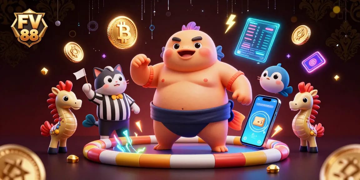 Engage with FV 88's dynamic underwater casino scene showcasing a fugu and catfish, surrounded by crypto elements.