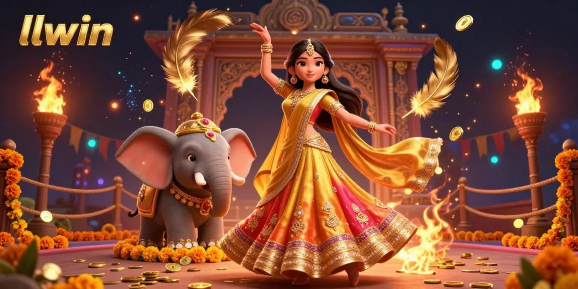 Immerse in LLWIN's vibrant gaming atmosphere with a stunning Bollywood-inspired scene featuring festive elements.