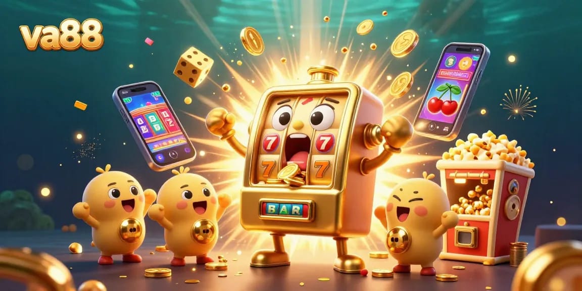 va88 slot machine hits jackpot, coins overflow, creating an exciting casino atmosphere