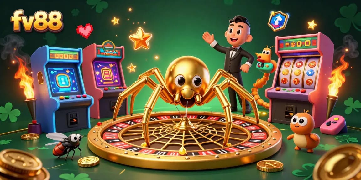 Experience thrilling bets at fv88 with a golden spider and centipede croupier in a vibrant casino scene.