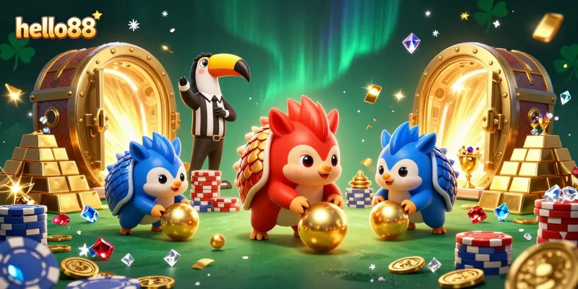 hello88 gaming pangolins bowling through poker chips in an exciting casino scene