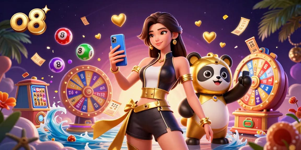 Play exciting casino games at o8 with a vibrant scene showcasing dynamic lottery elements and characters.