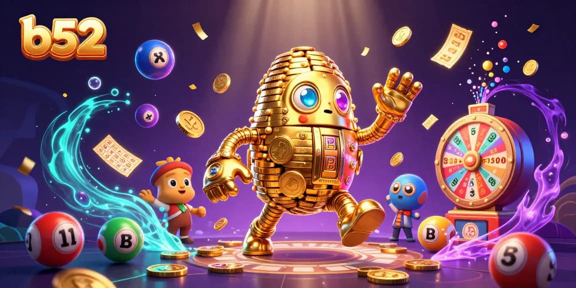 Experience exciting b52 gameplay with vibrant lottery balls and a golden golem in a dynamic casino scene.