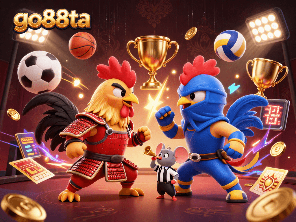 go88ta's dynamic casino scene with fighting roosters and vibrant sports elements