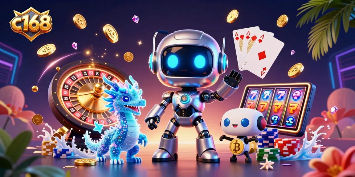 Spin and win at c168 casino with a vibrant 3D scene featuring a cyberpunk mascot and dynamic gaming elements.