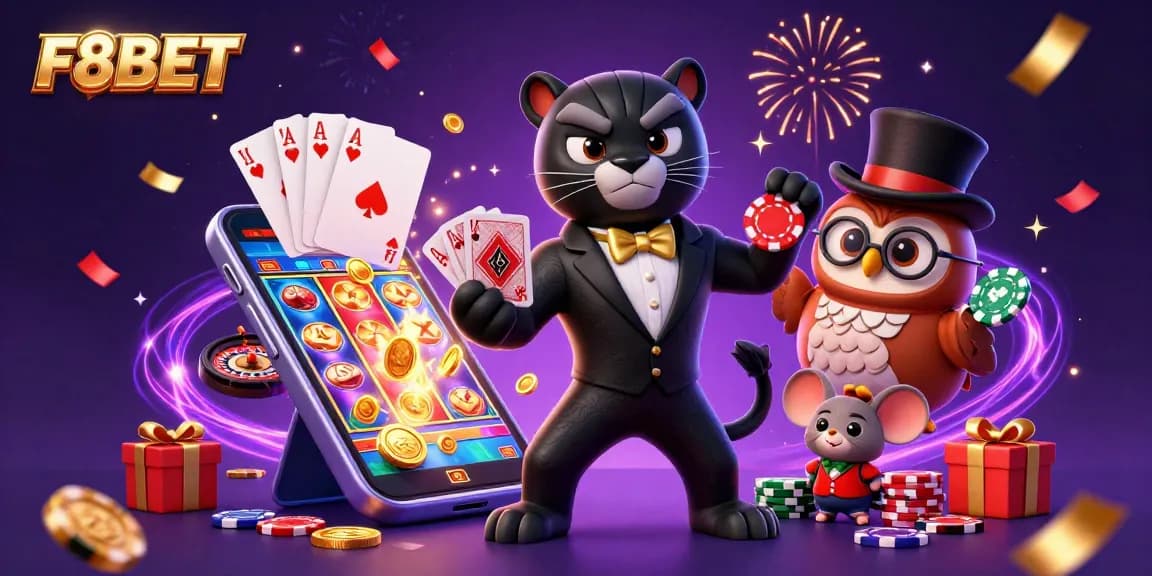 F8BET players engage in lively card games with panther dealer and owl chip holder in dynamic casino scene.