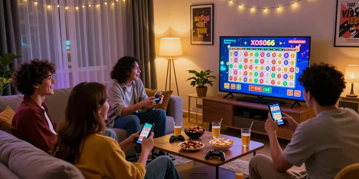 Xoso66 com engaging online lottery experience with friends in a lively living room, showcasing excitement and social interaction.