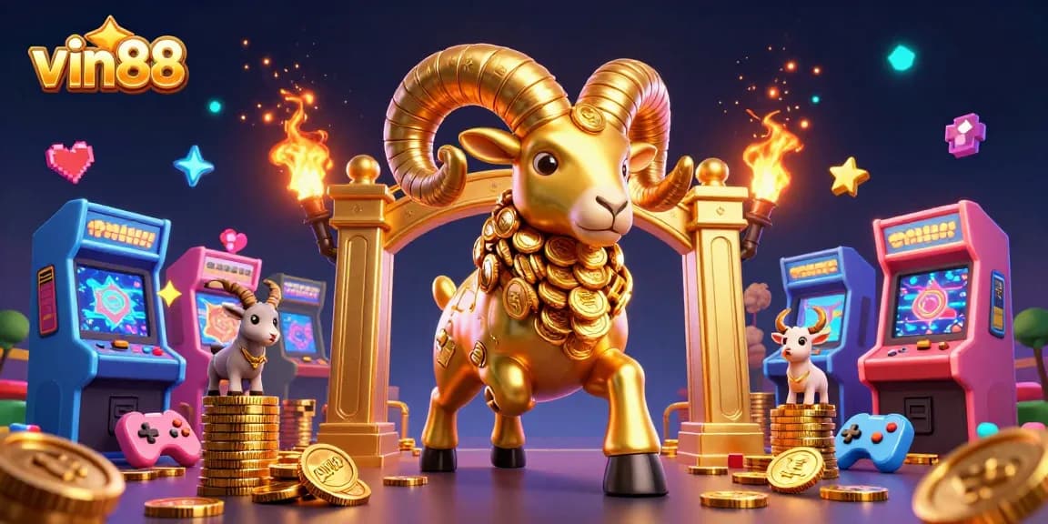 Spin the jackpot with vin88's lively casino scene showcasing a golden ram and vibrant game elements.
