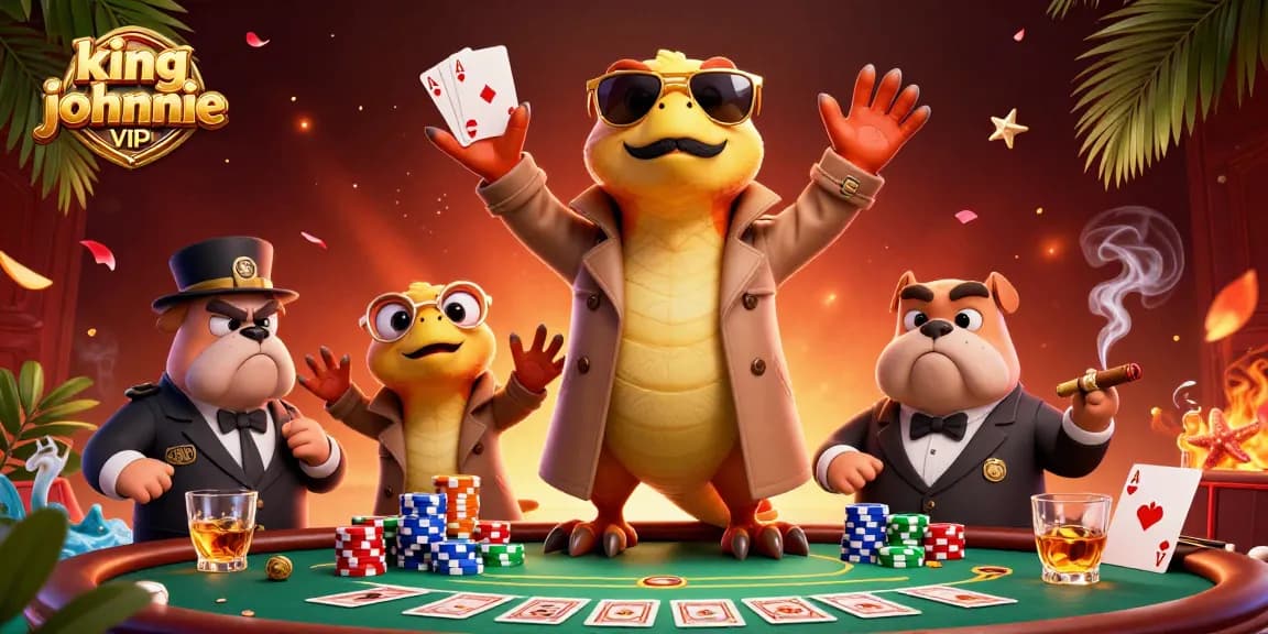 Join kingjohnnie at an exciting VIP casino scene with playful raptors and a suspicious bouncer
