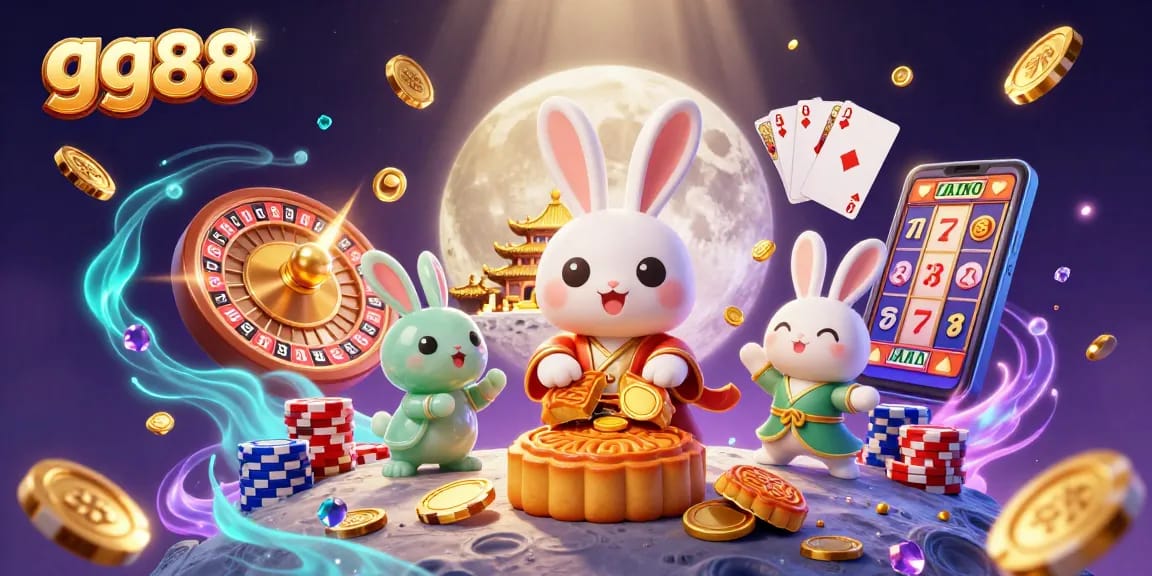 gg88's vibrant casino scene featuring a moon rabbit revealing poker chips amidst cascading coins and roulette wheel.