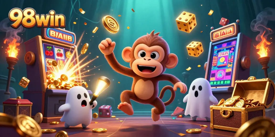 Experience thrilling gaming action at 98win with vibrant casino game elements and captivating characters.