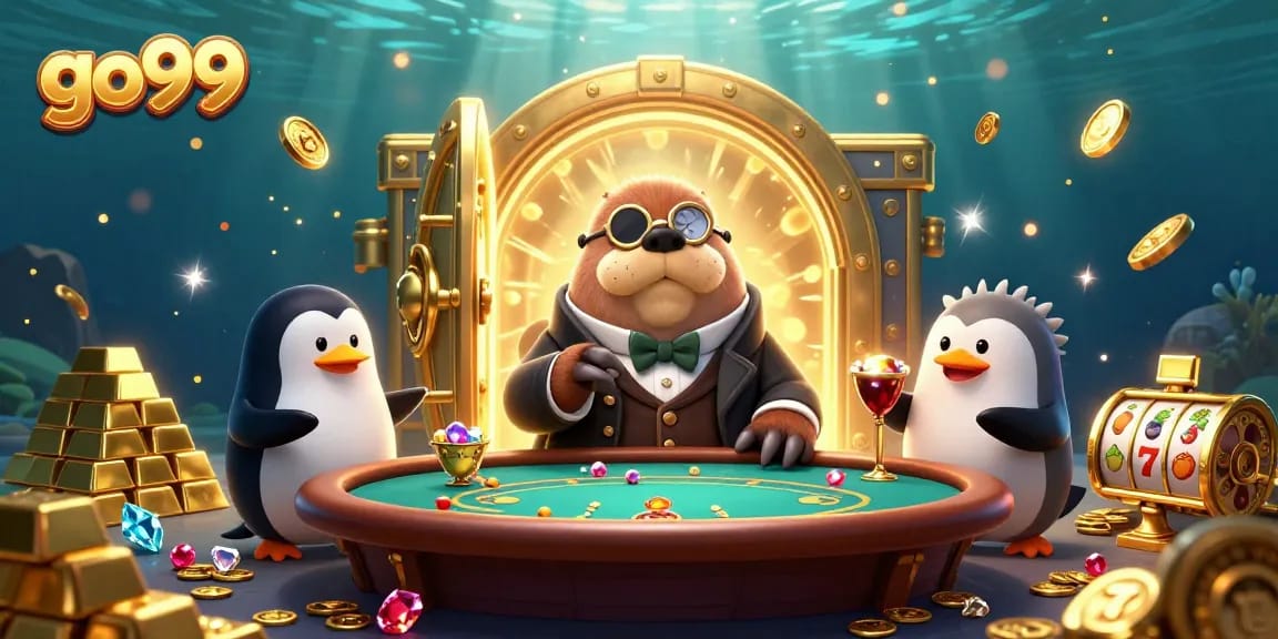Join the go99 jolly walrus at an underwater poker table for thrilling casino fun!