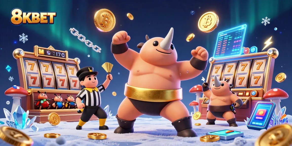8KBET features a stunning 3D illustration of a sumo beetle champion stomping coins in a vibrant casino scene.
