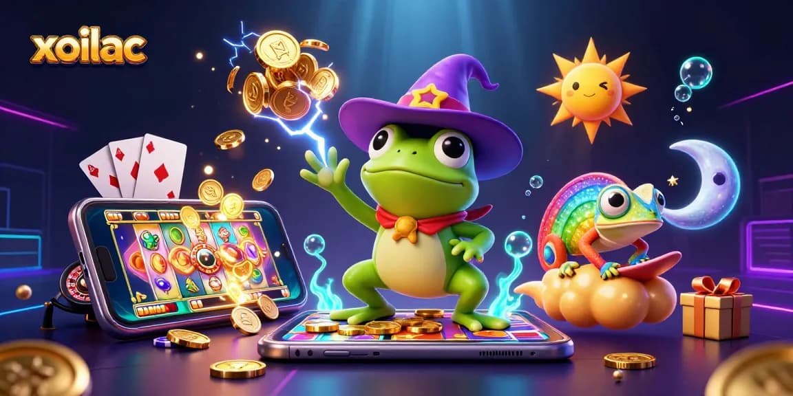 Discover exciting wins with xoilac as the wizard frog conjures gold coins in a vibrant gaming scene.