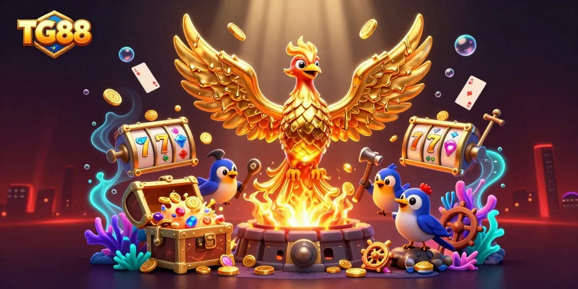 Engage in thrilling slots at TG88 with a molten metal phoenix among gold coins and vibrant game elements.