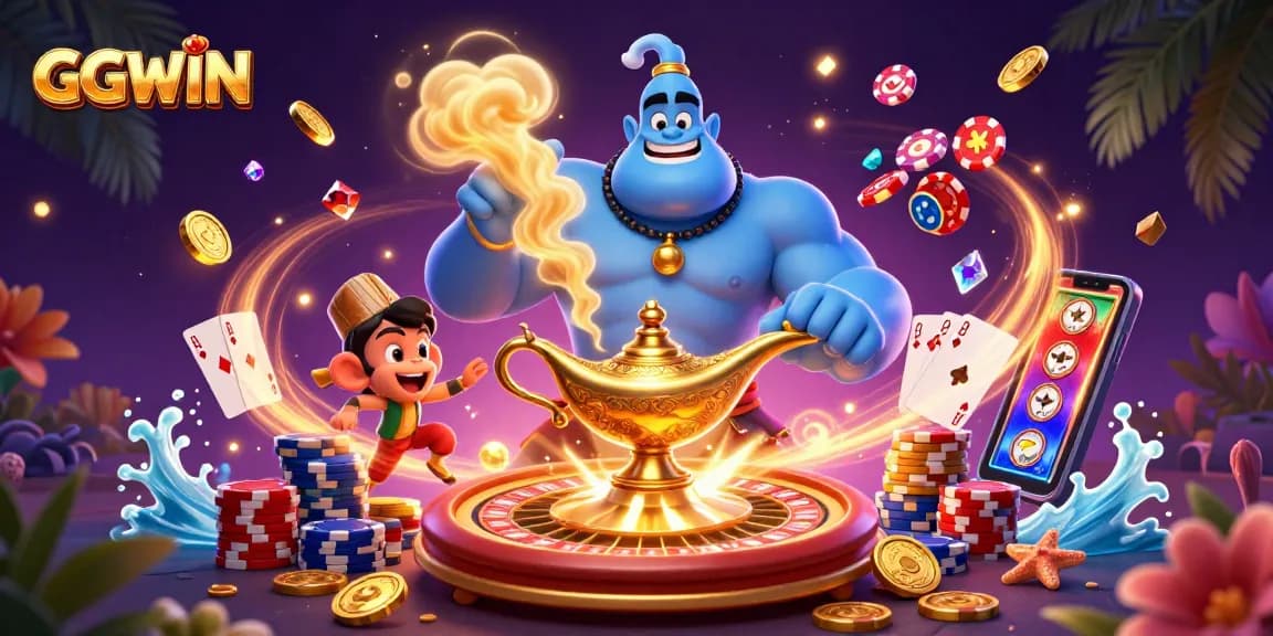 Experience enchanting gaming with GGWIN's vibrant casino scene featuring a genie, poker chips, and treasures.