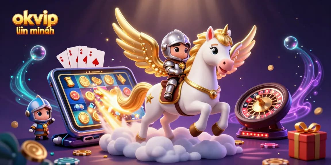 Spin and win with okvip liên minh, featuring a mystical horse and playful gaming elements.