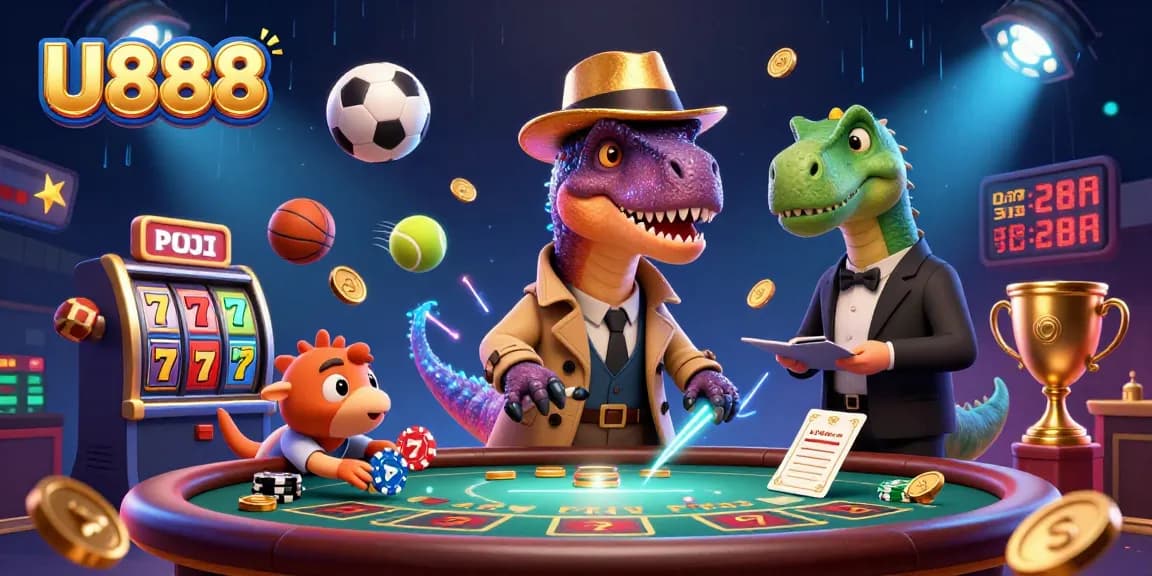 U888's dynamic casino atmosphere, featuring a stealthy velociraptor at blackjack, with vibrant sports betting elements.