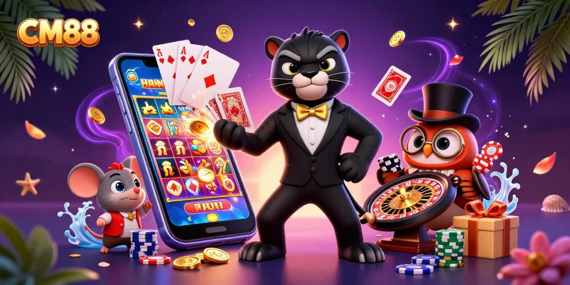 Experience thrilling gameplay with CM88, featuring stylish characters and vibrant casino elements.
