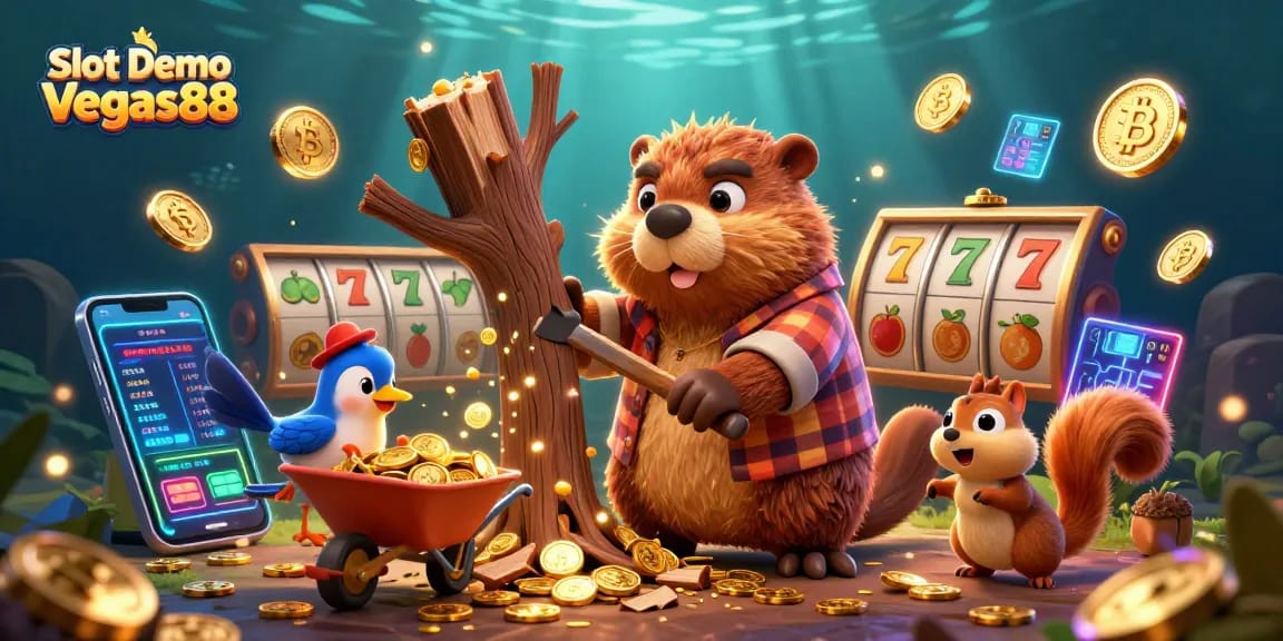 Experience Slot Demo Vegas88 with a vibrant 3D scene featuring animated characters and slot elements.