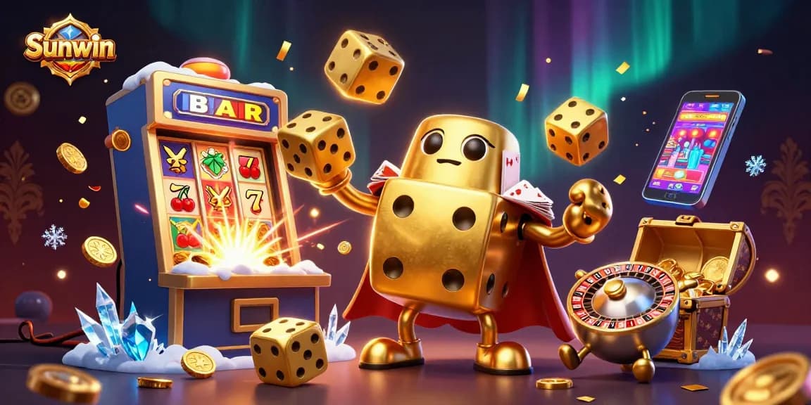 Win big with Sunwin in this vibrant 3D casino-themed scene showcasing golden dice and slot machine excitement.