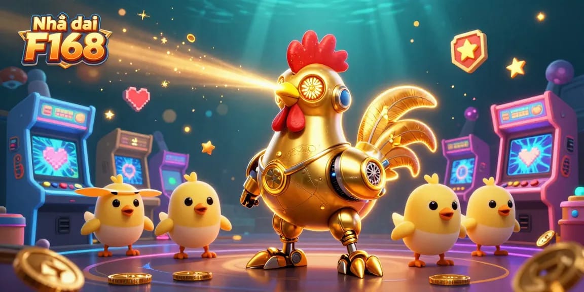 Experience the excitement of Nhà cái F168 with the golden rooster robot and baby chick drones in a vibrant casino atmosphere.