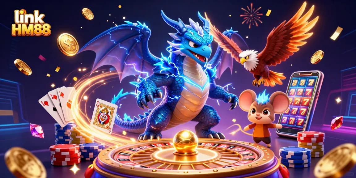 Experience the excitement of link HM88 as a thunder dragon and fierce hawk celebrate wins amidst golden coins and casino elements.