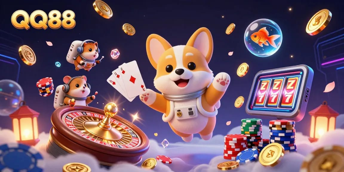 Engage in exciting QQ88 online casino gameplay surrounded by vibrant characters and gold coins!