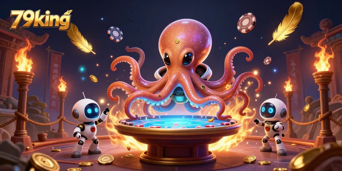 Experience thrilling poker with 79king's dynamic gaming scene featuring an alien octopus and excitement.
