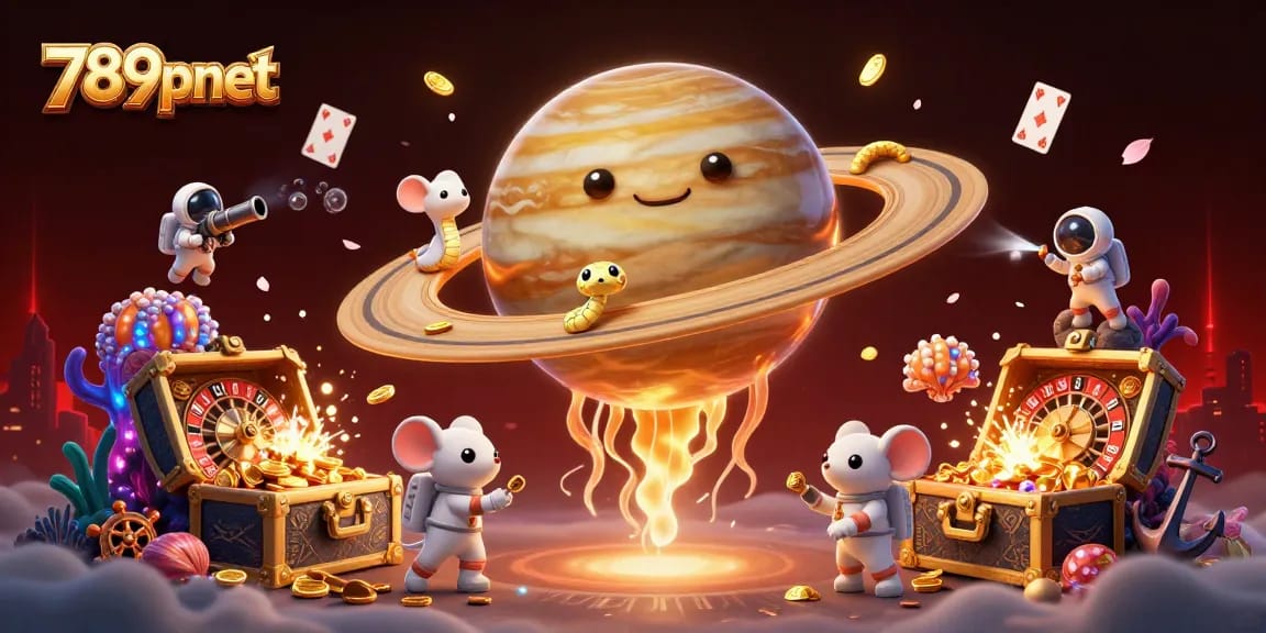 Experience the thrill of 789pnet with astronaut mice betting on Saturn's roulette rings amid vibrant cosmic elements.