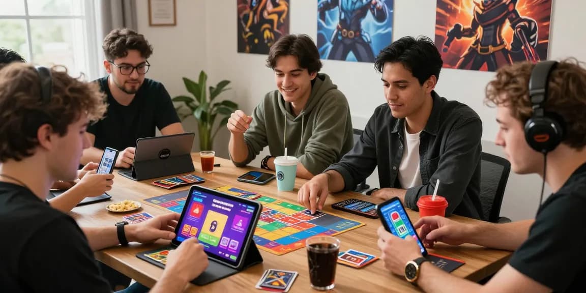Enthusiastic players enjoying Zowin online card games on tablets and smartphones in a vibrant setting.