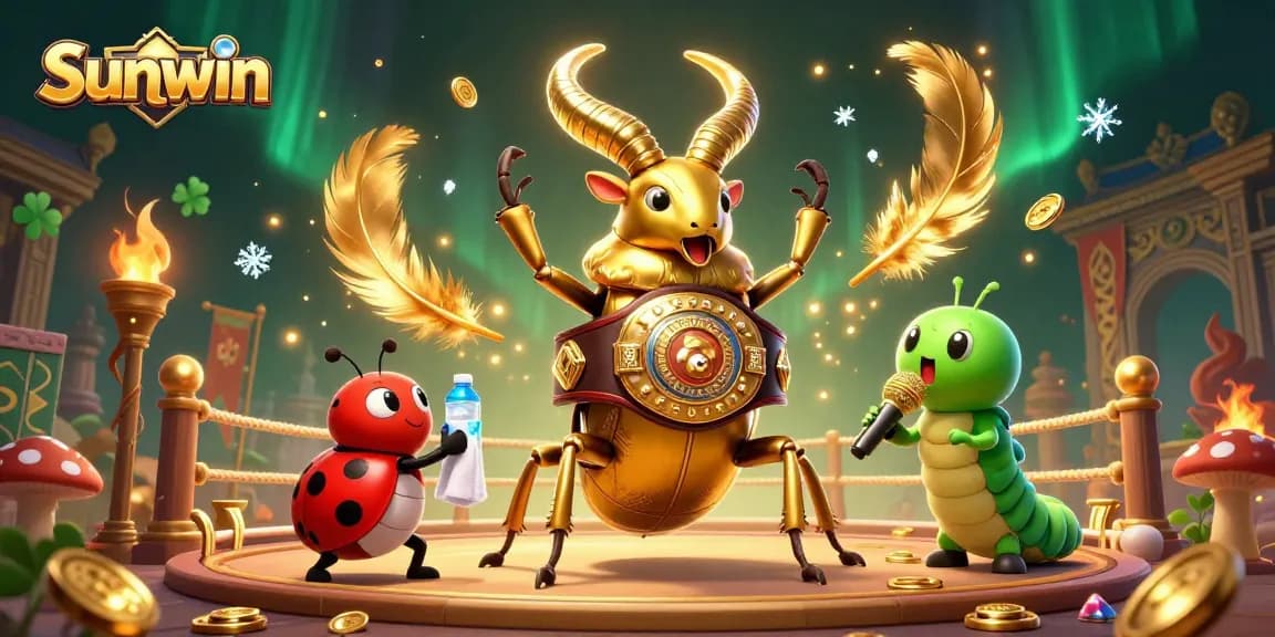 Engage with thrilling games at Sunwin through dynamic visuals of an epic battle featuring a golden stag beetle champion, captivating a casino atmosphere.