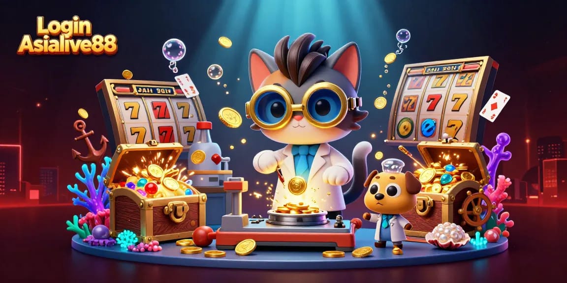 Spin the reels with Login Asialive88 in this vibrant casino-themed 3D illustration.