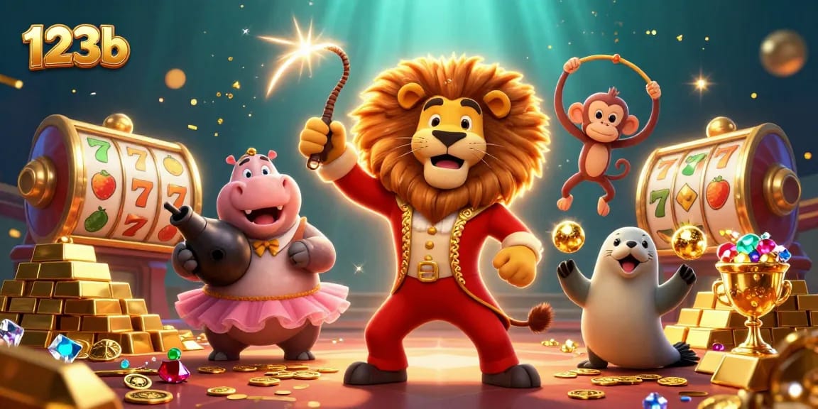 Experience exciting wins with 123b at a vibrant casino featuring slot reels, colorful characters, and treasure.