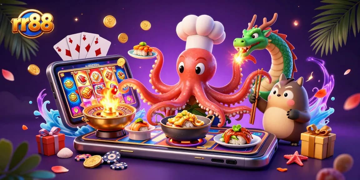 Experience thrilling gameplay at rr88 as the sushi chef octopus and friends prepare golden dishes amidst vibrant casino elements.