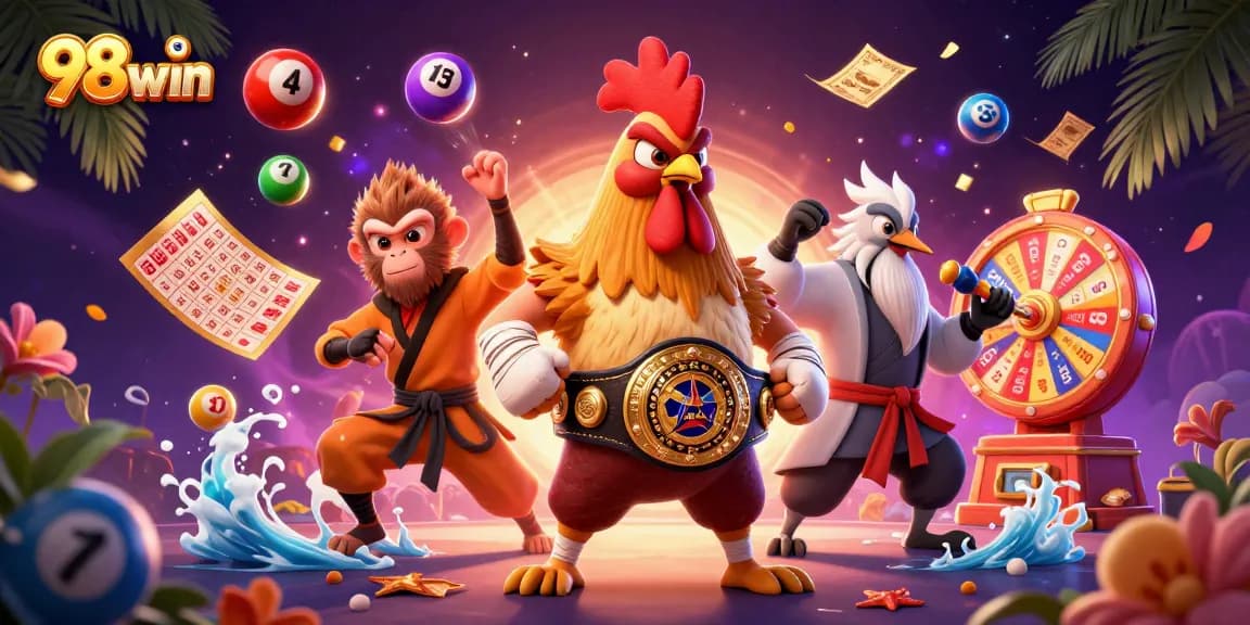 Experience the excitement of 98win with a dynamic 3D illustration featuring casino elements.