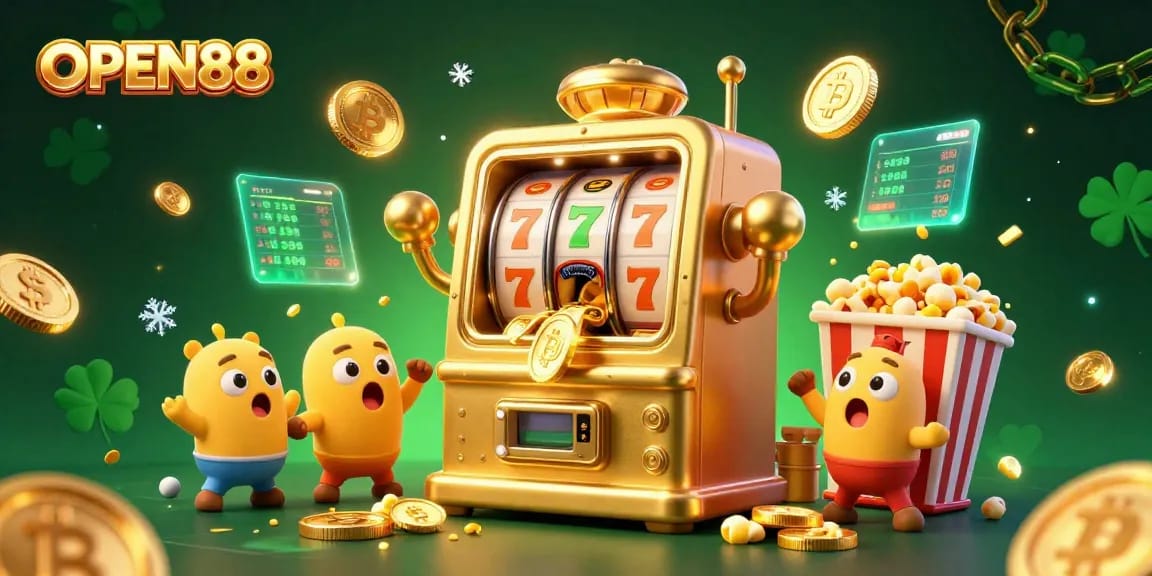 Spin and win at OPEN88 with a lively golden slot machine celebrating its jackpot!