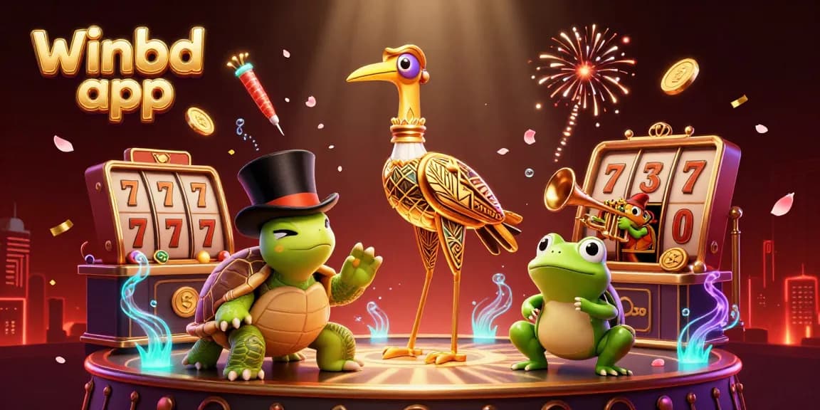 Engage with the winbd app, showcasing vibrant illustrations of animated casino elements and lively characters.