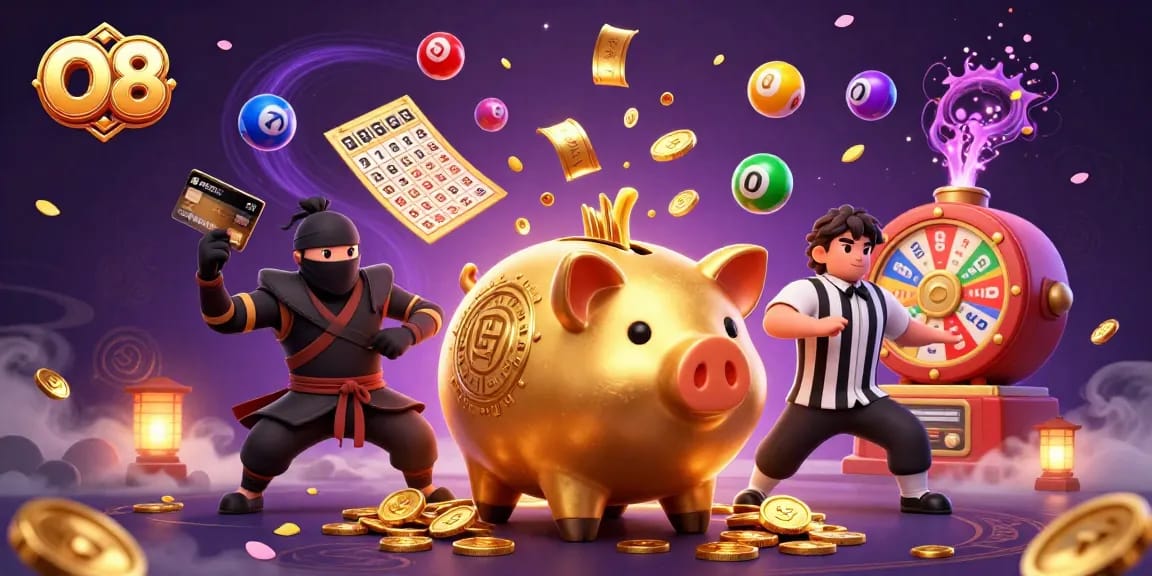 Experience O8's animated world with giant piggy bank sumo wrestler surrounded by vibrant lottery elements.