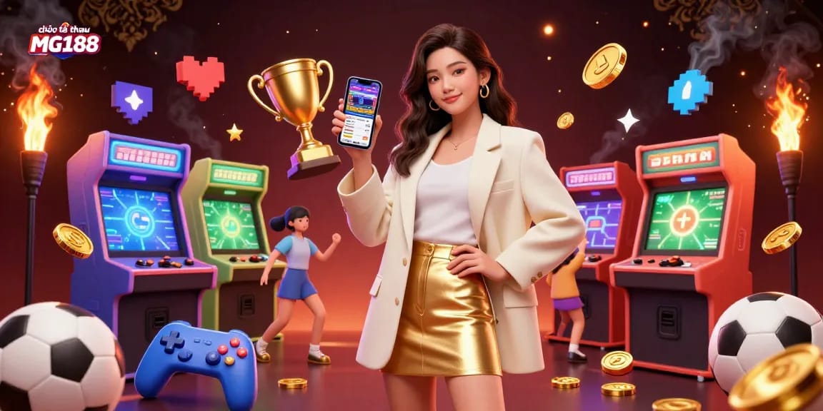 Engage in cược thể thao MG188 with a vibrant sports betting scene featuring a friendly Asian woman and dynamic game elements.