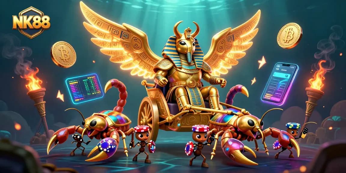 Engage with NK88's vibrant online gaming universe, featuring a golden scarab and scorpions amidst Bitcoin and NFT treasures.