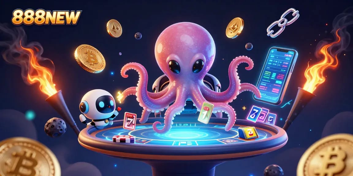 Experience thrilling games at 888NEW, where an alien octopus plays poker with animated excitement.