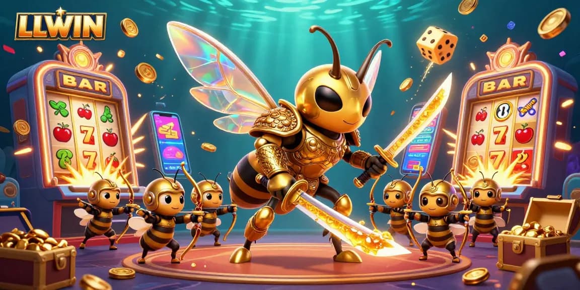 LLWIN showcases a vibrant casino experience with characters in dazzling samurai armor surrounded by exploding slot machines.