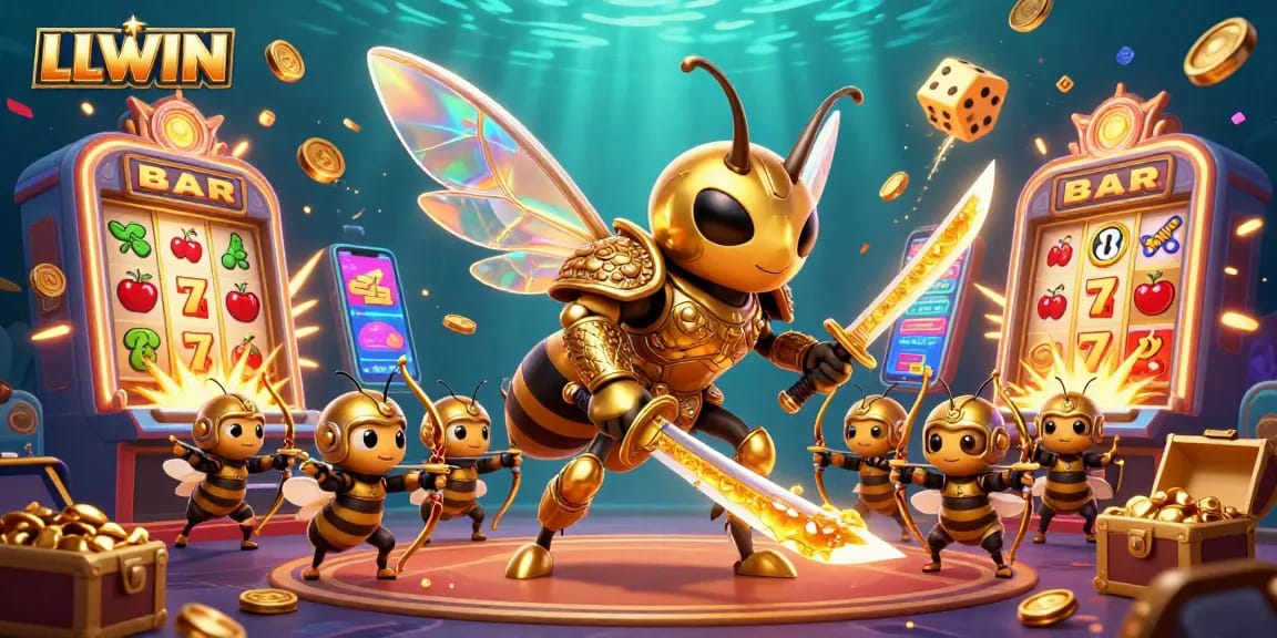 LLWIN showcases a vibrant casino experience with characters in dazzling samurai armor surrounded by exploding slot machines.
