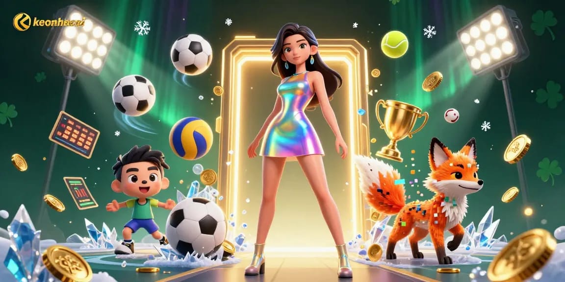 Engage with keonhacai's dynamic sports betting scene featuring a stunning woman and colorful animated elements.